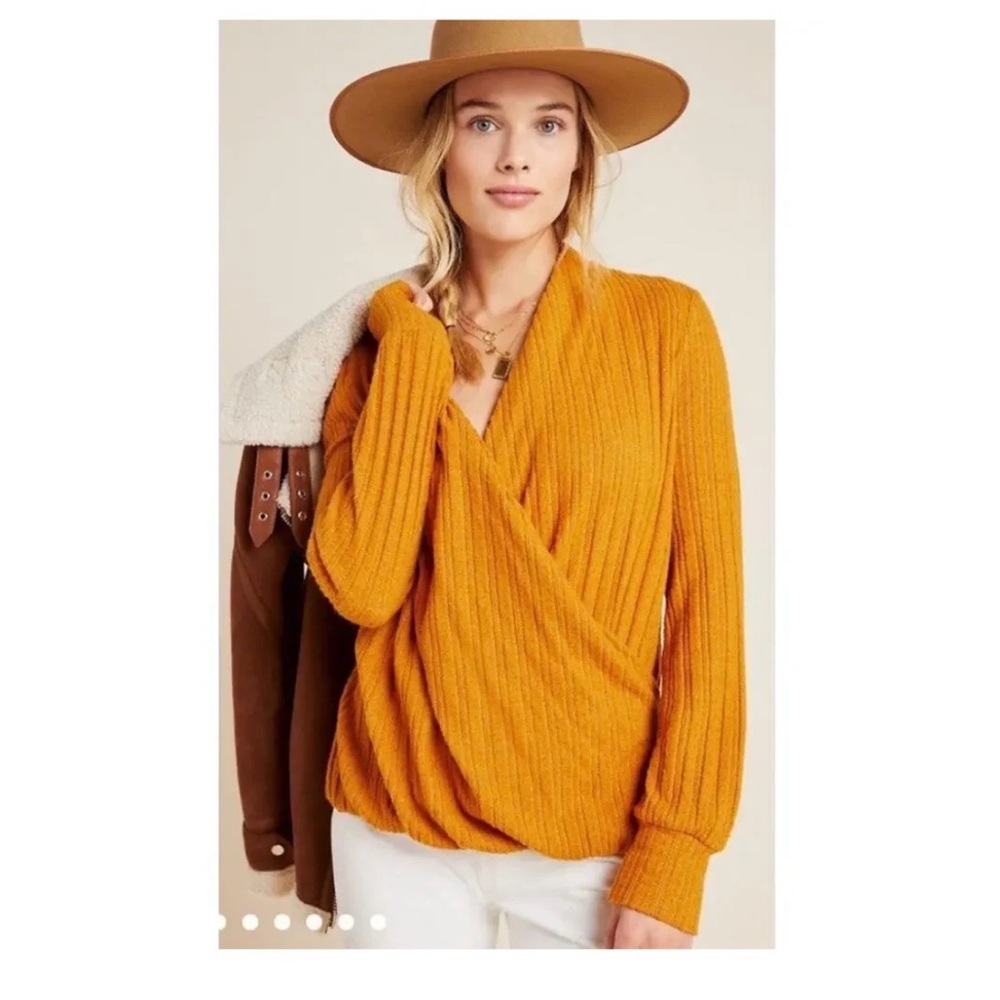 Anthropologie Maeve Rafaela Hacci Faux Wrap Sweater in Golden Mustard
